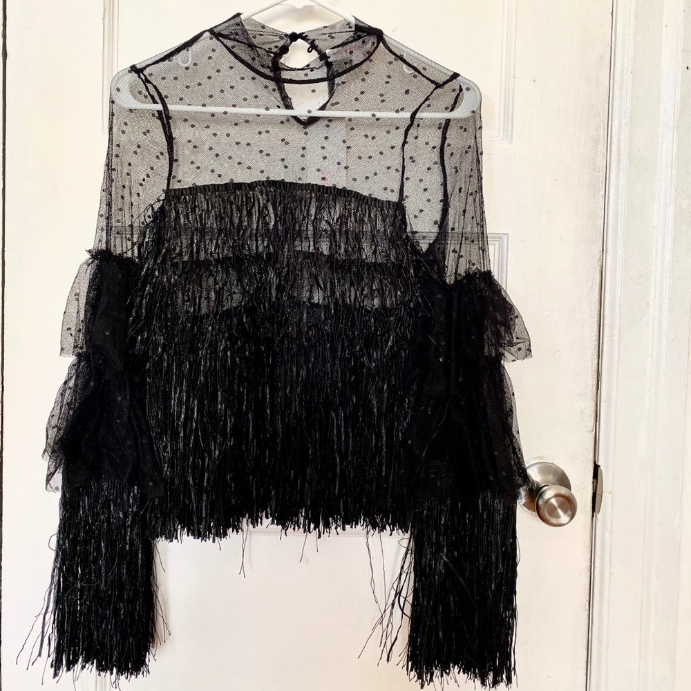 Fringe and lace polka dot top